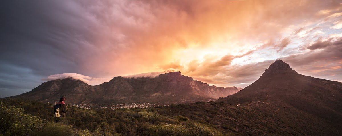 Sunset lit up the clouds over Table Mountain and Lion's Head