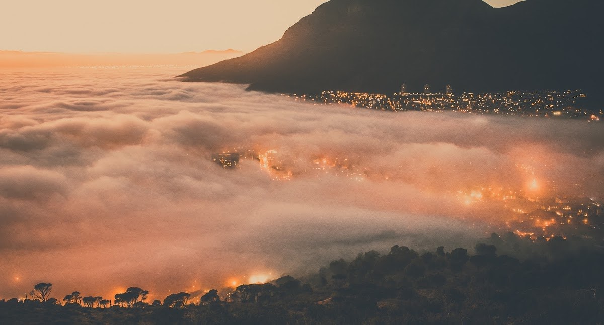 The fog rolled in at sunrise over Cape Town