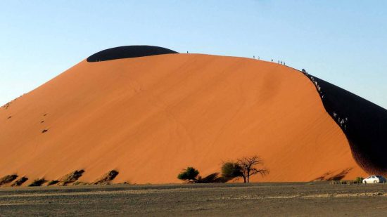 "Our last day we were up at 5:00am for a quick breakfast and an 60 kilometre drive back to Sossusvlei to watch the sun rise on the sand dunes. Entering the park we were treated to a few animals returning from their nightly hunts and the reflection from the sun turning the dunes into pinks, oranges and reds, a truly amazing spectacle. The first dune we stopped at was Dune 45 where tour groups were climbing this huge mountain of sand; they looked like ants crawling up the edge of a mountain."