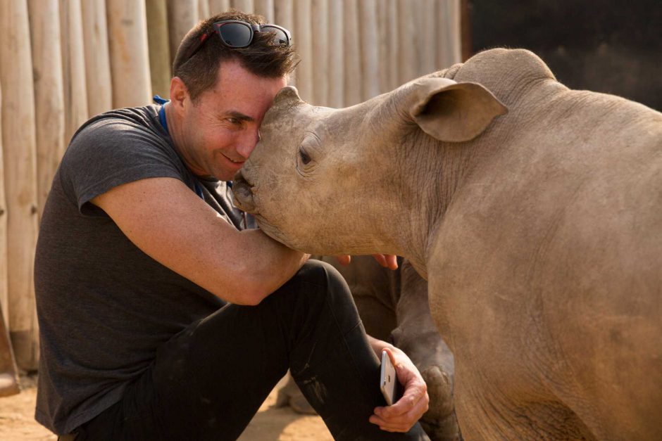 man and rhino