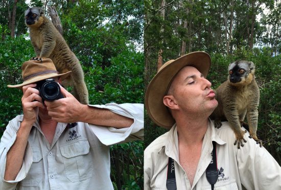 Glenn with lemur on his head in Madagascar