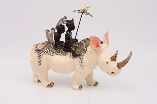 Ardmore Ceramic's sculpture of small rhino with riders