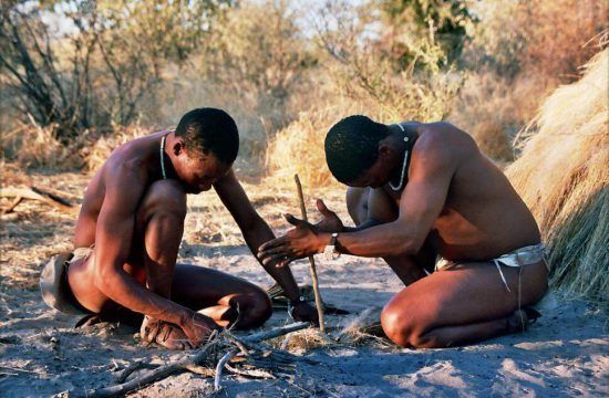 Bushmen rubbing sticks together to make fire