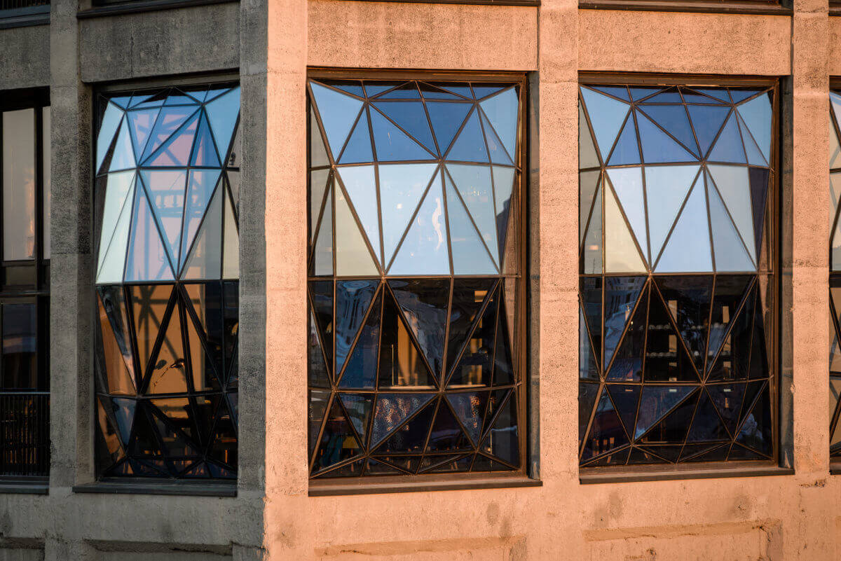 Close-up of the detailed windows of the Silo Hotel 