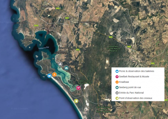 Carte du lagon de Langebaan et ses activités