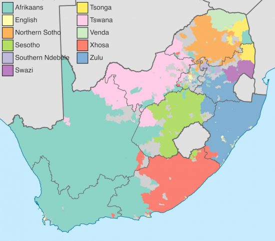 A map indicating the predominant languages in South Africa 