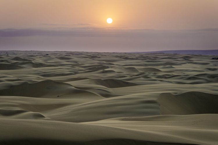 Wüstenlandschaft in der Dämmerung, dahinter die Sonne