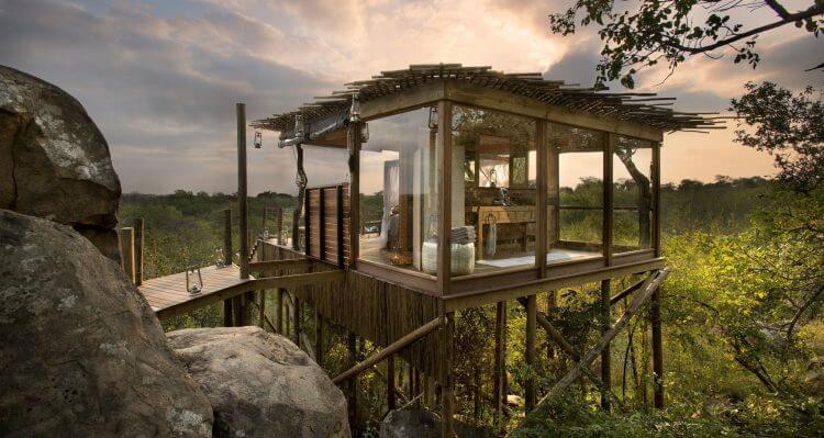 A secluded night beneath a sky inside a Lion Sands treehouse