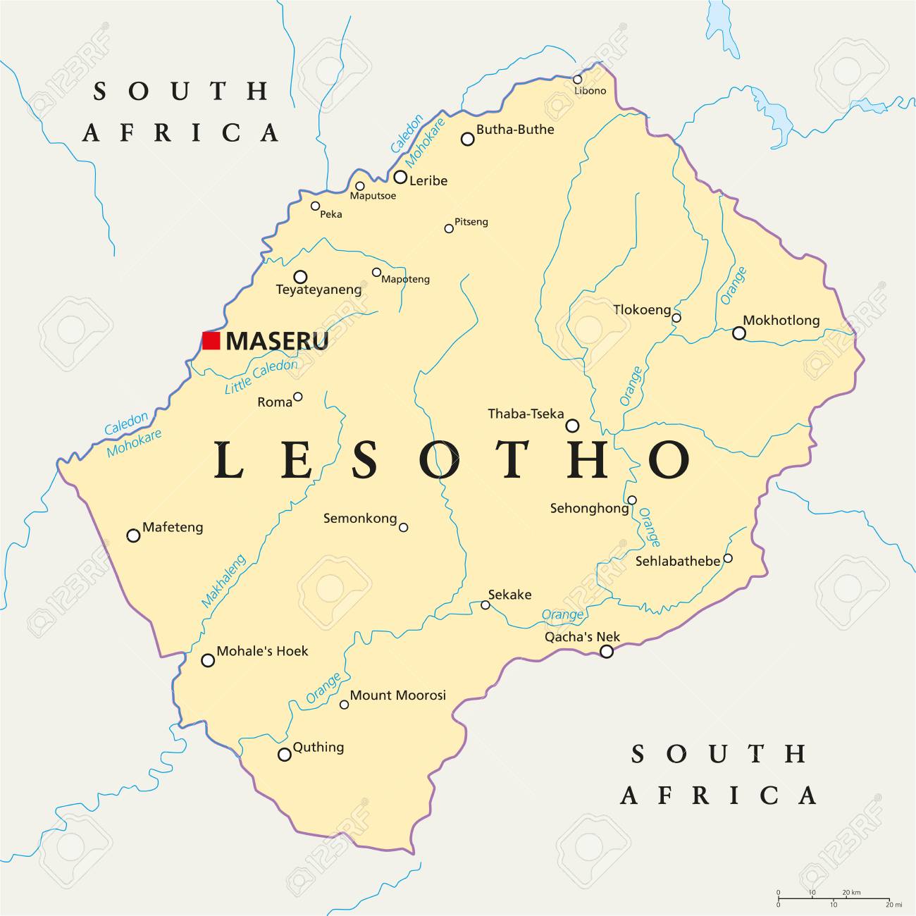 Mapa político de Lesoto destacando a capital Maseru, fronteiras nacionais, cidades importantes e rios. Crédito: 123RF