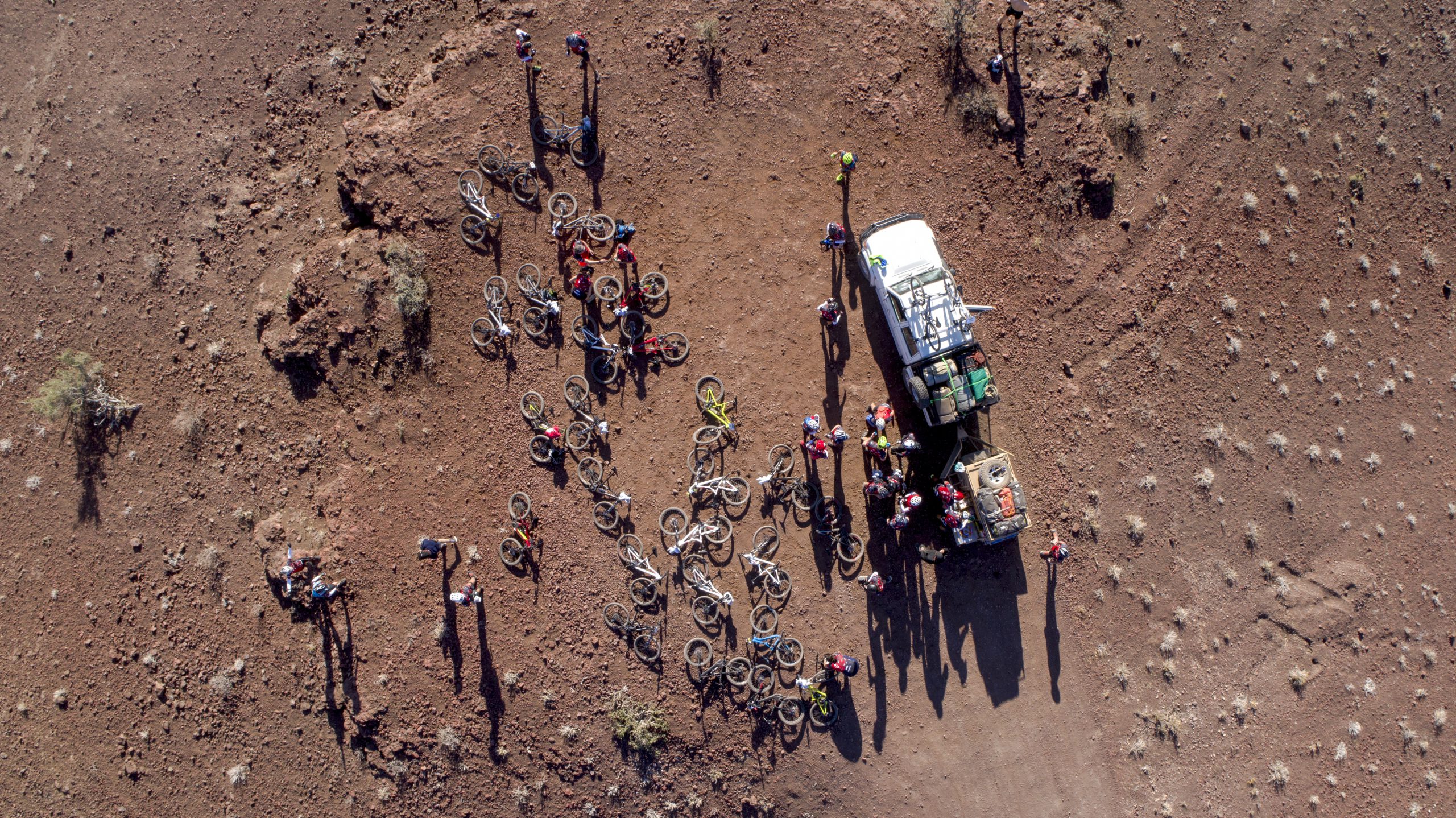 A drone shot of bicycles