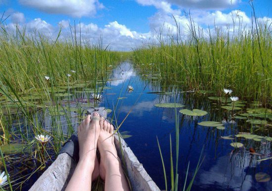 Canoa percorre Delta do Okavango de forma pacífica