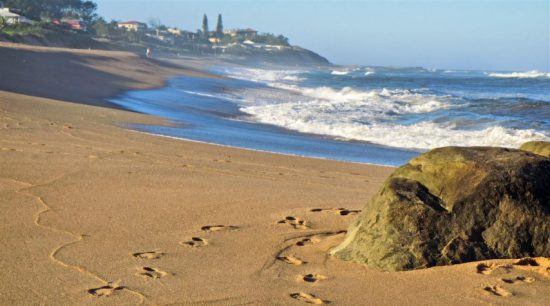 Fußspuren im Sand mit dem blauen Ozean und der Küste von Durban im Hintergrund