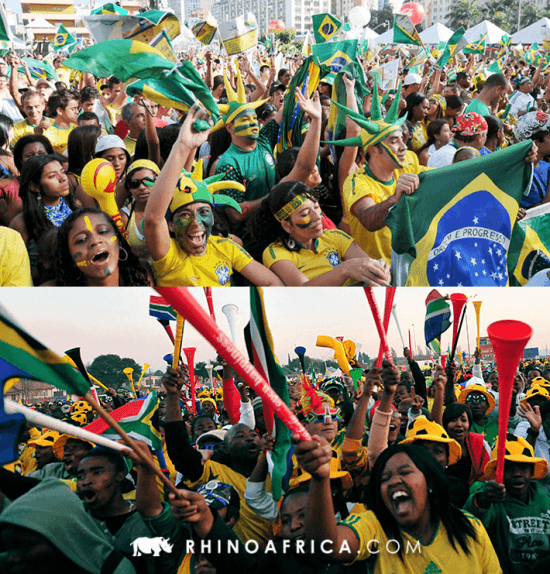 Semelhanças entre Brasil e África do Sul - Torcida do Brasil acima, e torcida da África do Sul abaixo