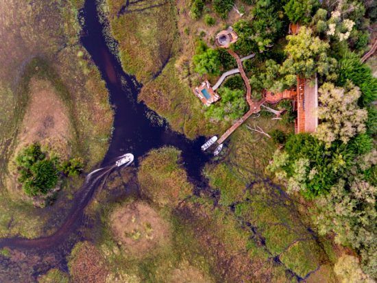 Die grüne Landschaft des wasserreichen Okavango Deltas von oben