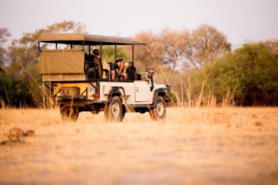 Fotografen auf einer Safari in einem offenen Geländewagen im afrikanischen Busch