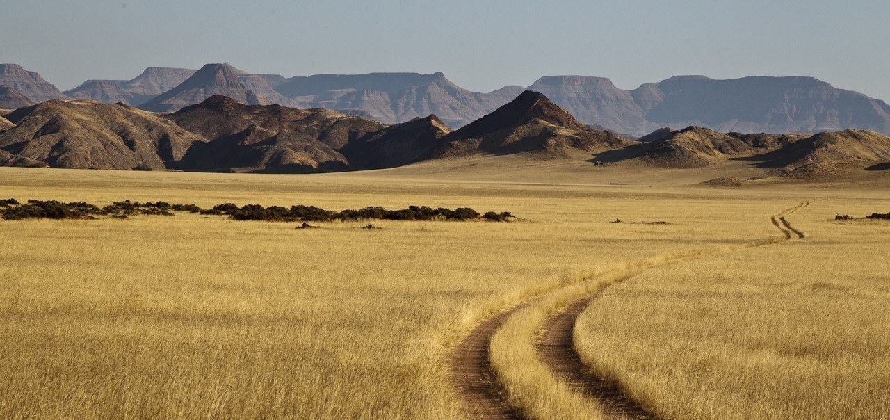 Dünen und trockene Graslandschaft mit Bergen im Hintergrund im namibischen Damaraland