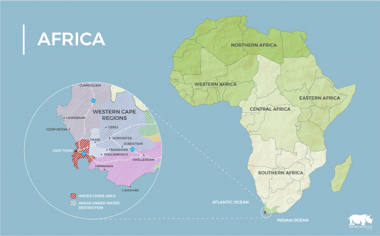 Mapa da África com a região metropolitana afetada pela seca no Cabo Ocidental em destaque