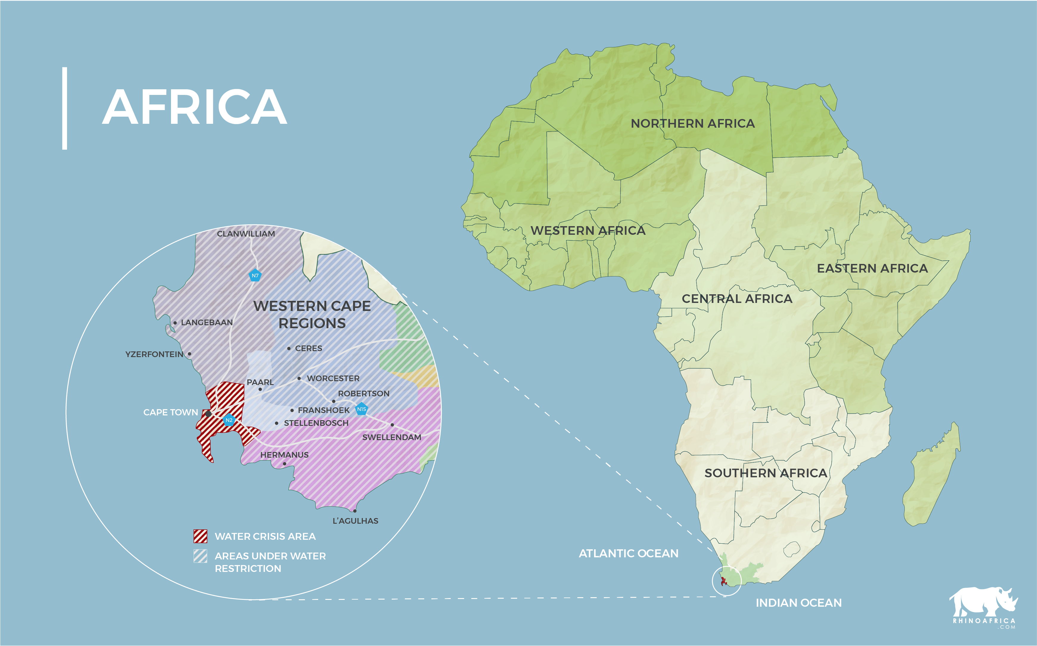 Karte von Afrika mit der von der Dürre betroffenen Metropolregion im Western Cape