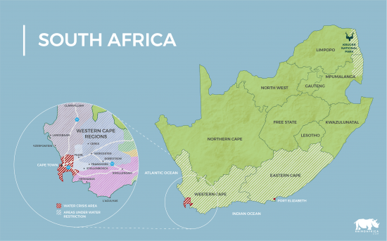 Um mapa do Cabo Ocidental da África do Sul, onde as regiões afetadas pela crise hídrica na Cidade do Cabo são identificadas