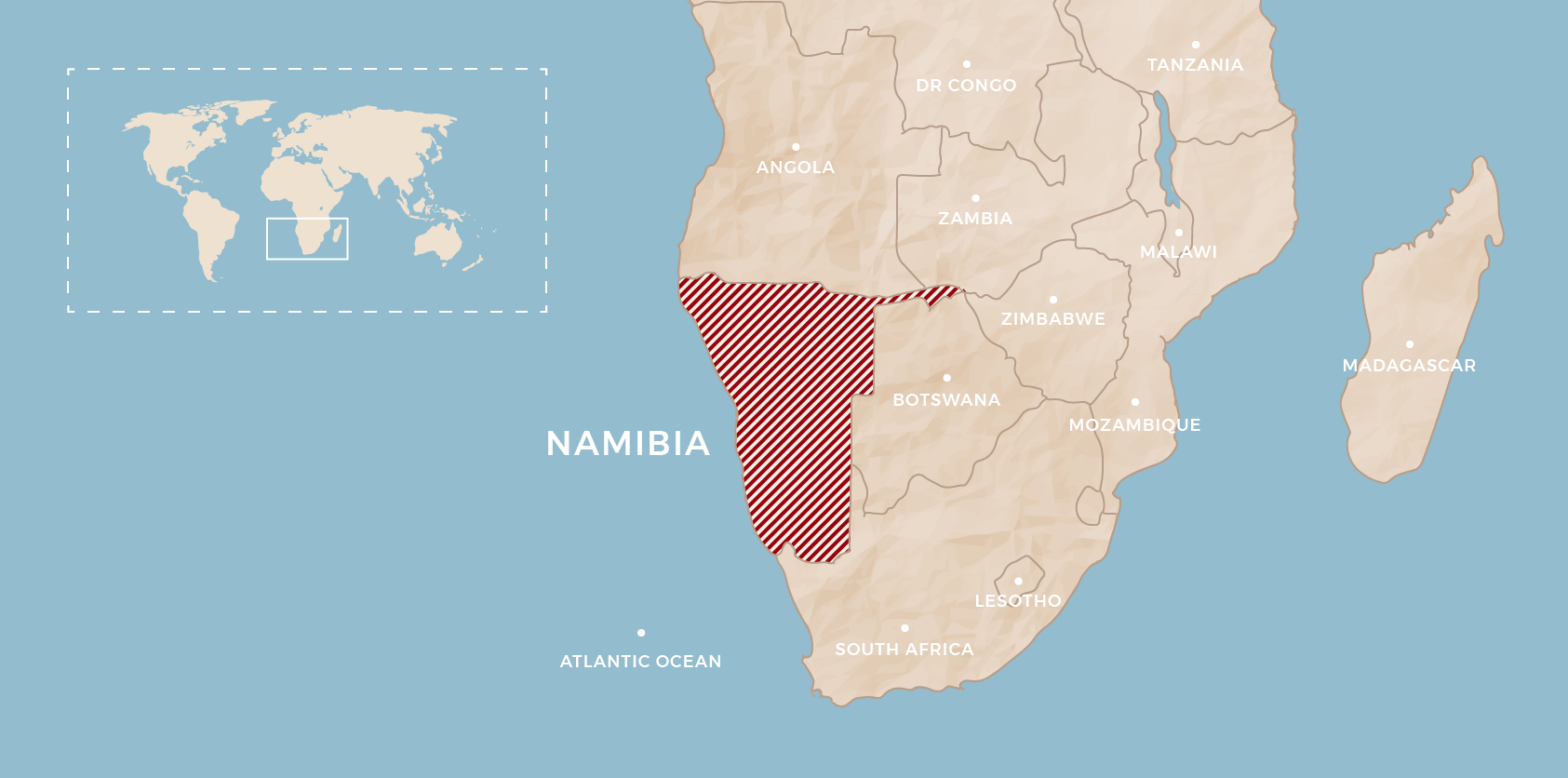 Namibia map. Design by Terri Lourens (Rhino Africa)