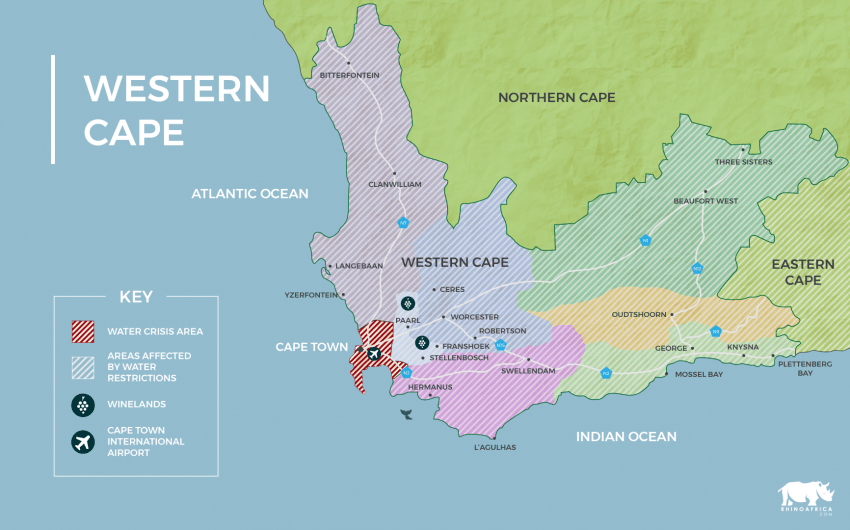 Mapa del Cabo Oeste o Cabo Occidental y la zona afectada por la sequía