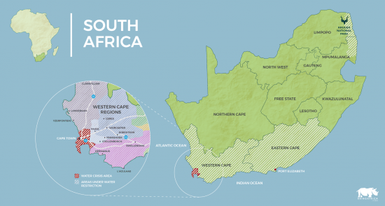 Carte de l'Afrique du Sud et de la zone concernée par la sécheresse au Cap.