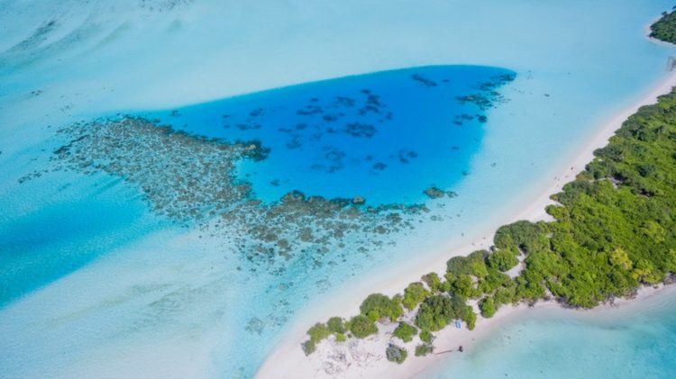 Récifs coralliens et plages de sable blanc dans l'archipel des Maldives.