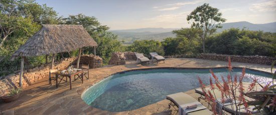 The pool area seen at Klein's Camp, perched on the Kuka Hills and overlooking a private concession.