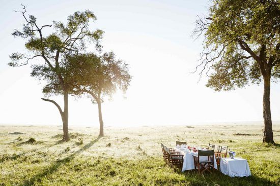 Ein gedeckter Tisch und Sesseln stehen in der Savanne