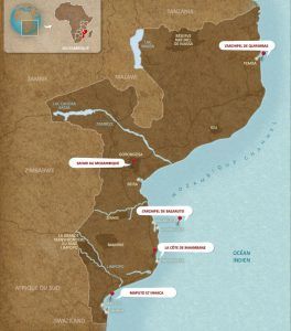 carte du mozambique, destination idéale pour combiner plage et safari