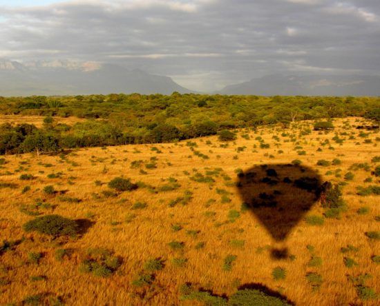 eine braune Landschaft, in der man den Schatten eines Heißluftballons sieht