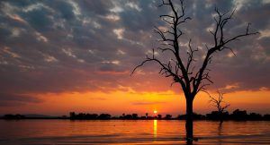 La puesta de sol cayendo sobre el ría Menze, en el Parque Nacional Selous