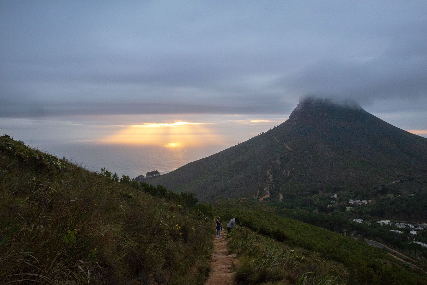 The sun casts a spotlight on the sea, viewed form Kloof Corner hiking trail