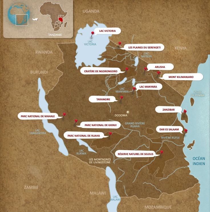 Carte de la Tanzanie et de ses principaux points d'intérêts.