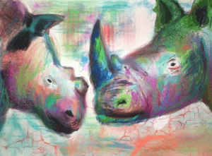 A painting of two rhinos