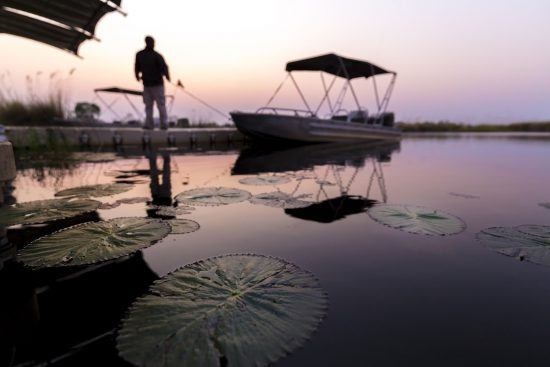 Lever du soleil sur un bateau en croisière sur le Delta de l'Okavango au Botswana.