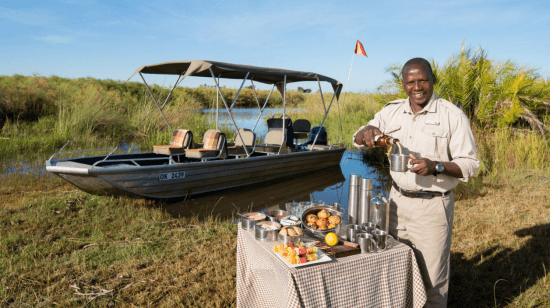 Que voir au Botswana ? Un petit déjeuner sur une île du Delta.