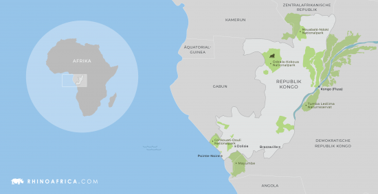 Eine Karte von der Republik Kongo mit den wichtigsten Reisezielen und Nachbarstaaten