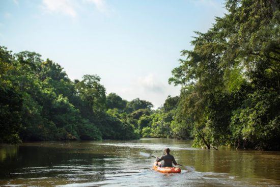 Eine Frau in einem orangenen Kajak auf einem Wasserweg im Regenwald der Republik Kongo