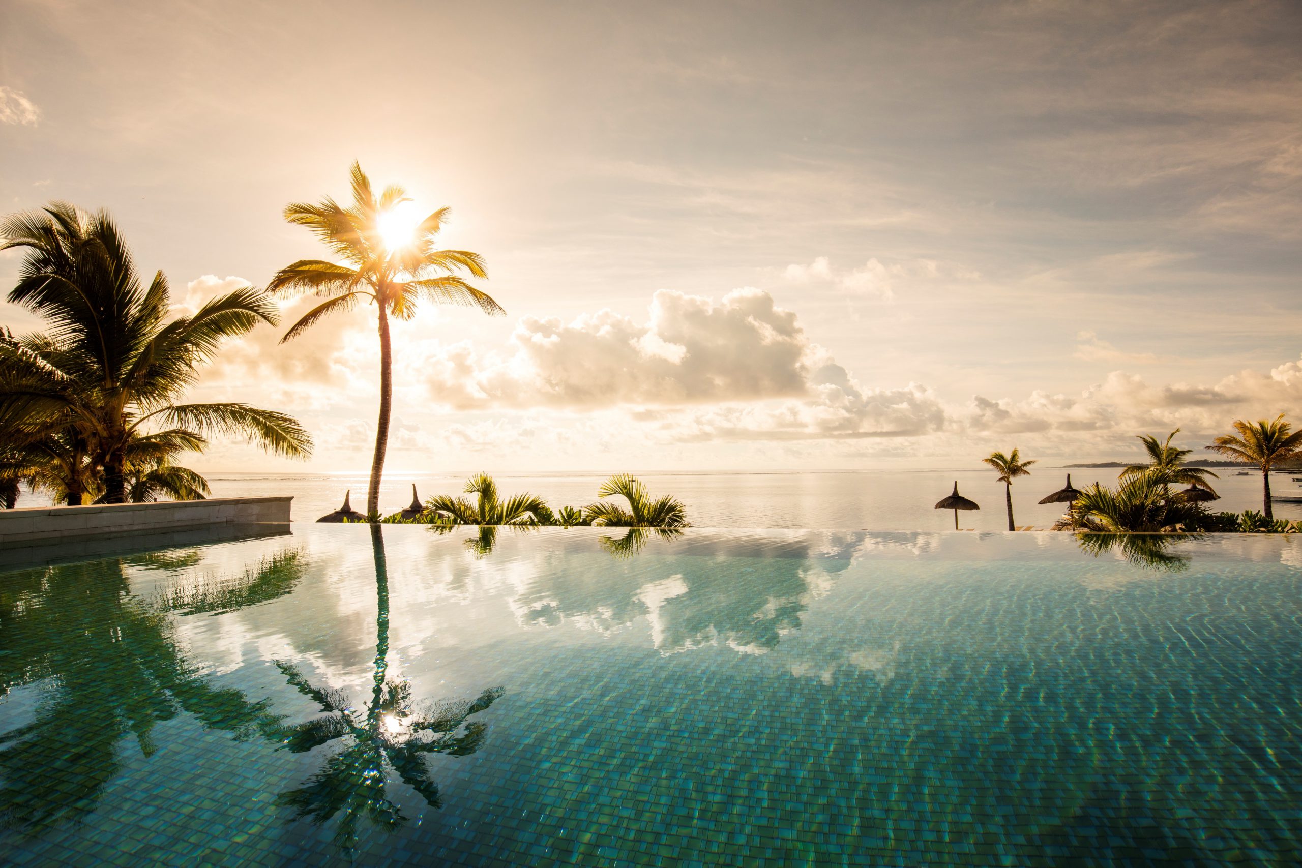 Sunset on the pool of a Mauritius resort 