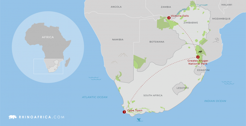 Cape Town, Kruger and Victoria Falls Map