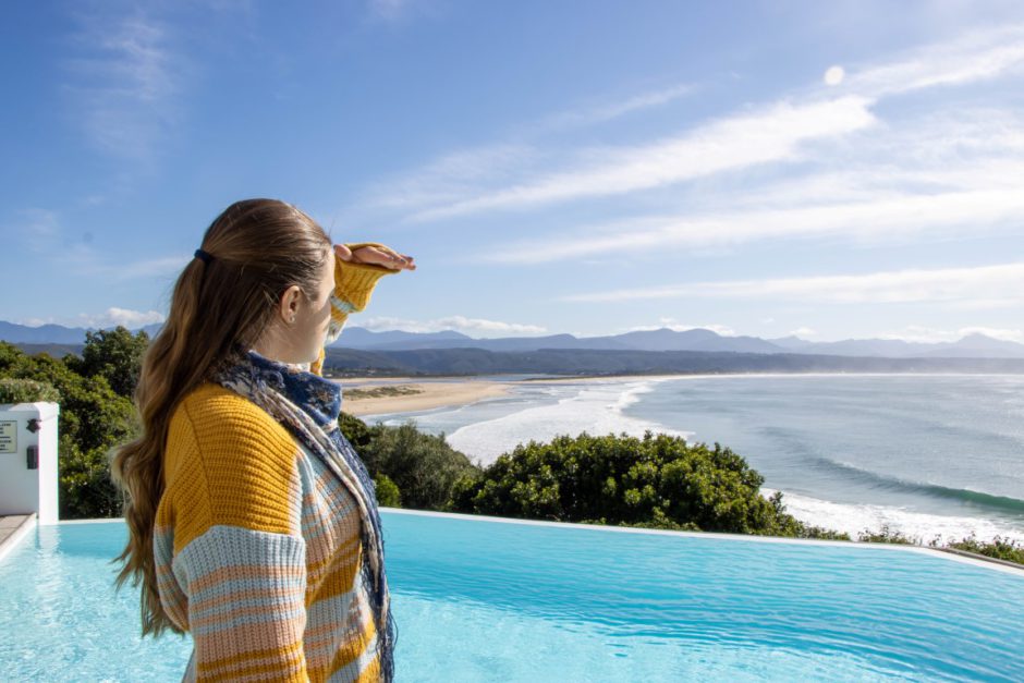 Katharina admiring the view at The Plettenberg Bay Hotel and spotting whales breaching in the distance