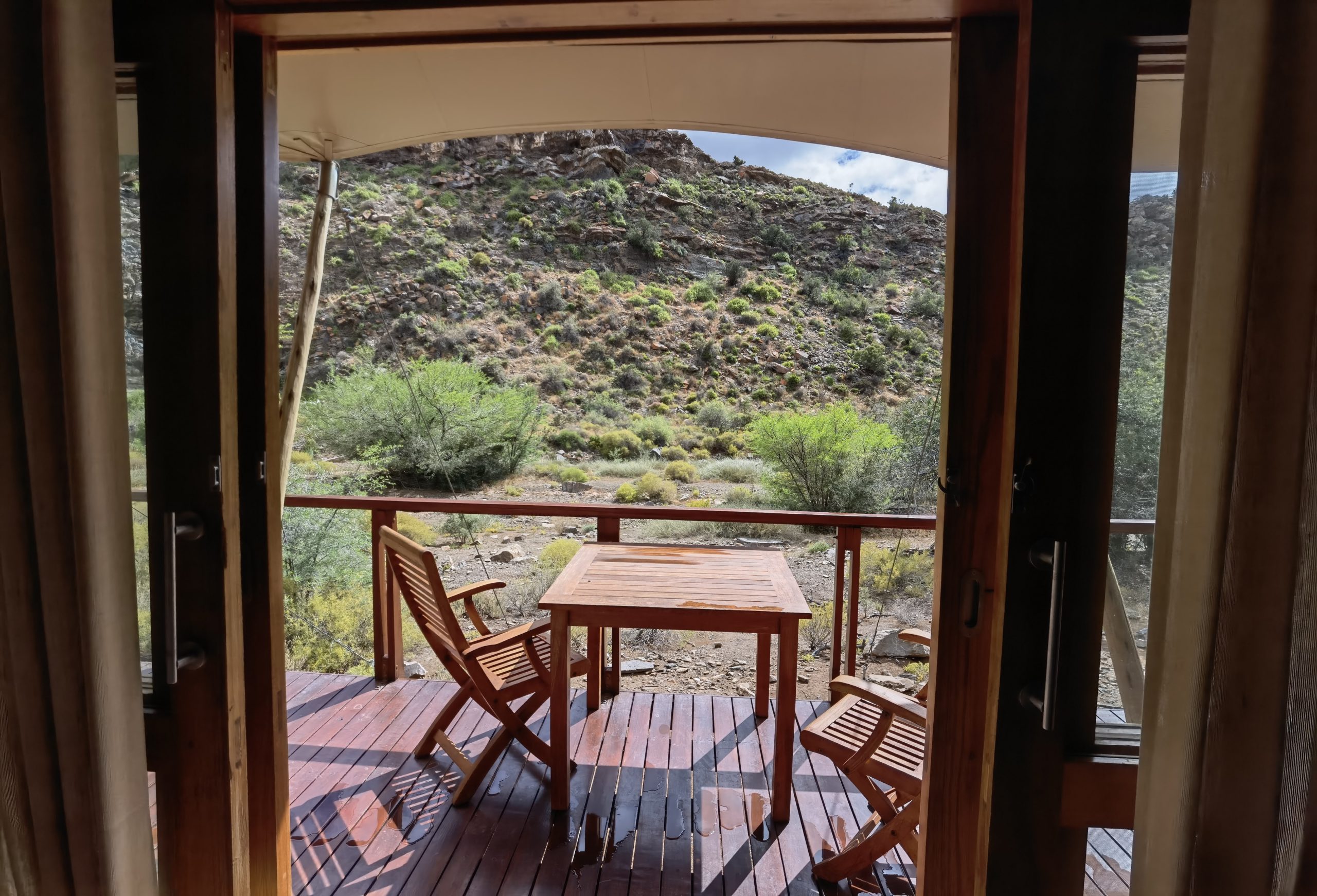 Outdoor verandah at Dwyka Tented Camps at Sanbona Wildlife Reserve