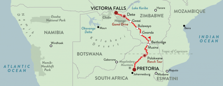 Um de seus safáris de trem de luxo na África Austral começa em Pretória e viaja para as Cataratas Vitória