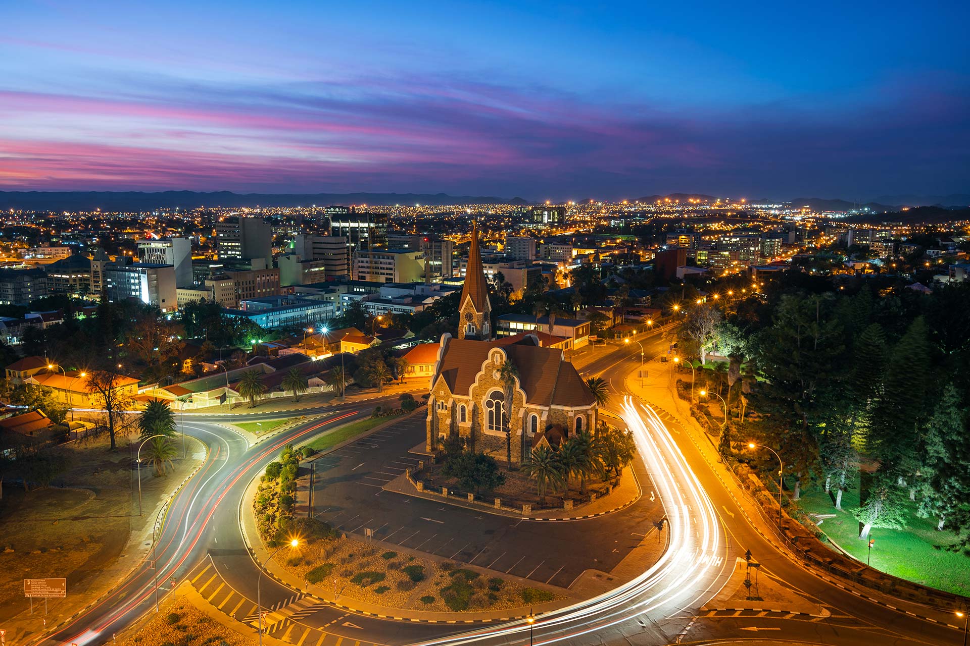 Historical landmark Christ Church at dusk in Windhoek