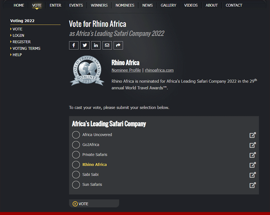 How to vote for Rhino Africa in the World Travel Awards 2022