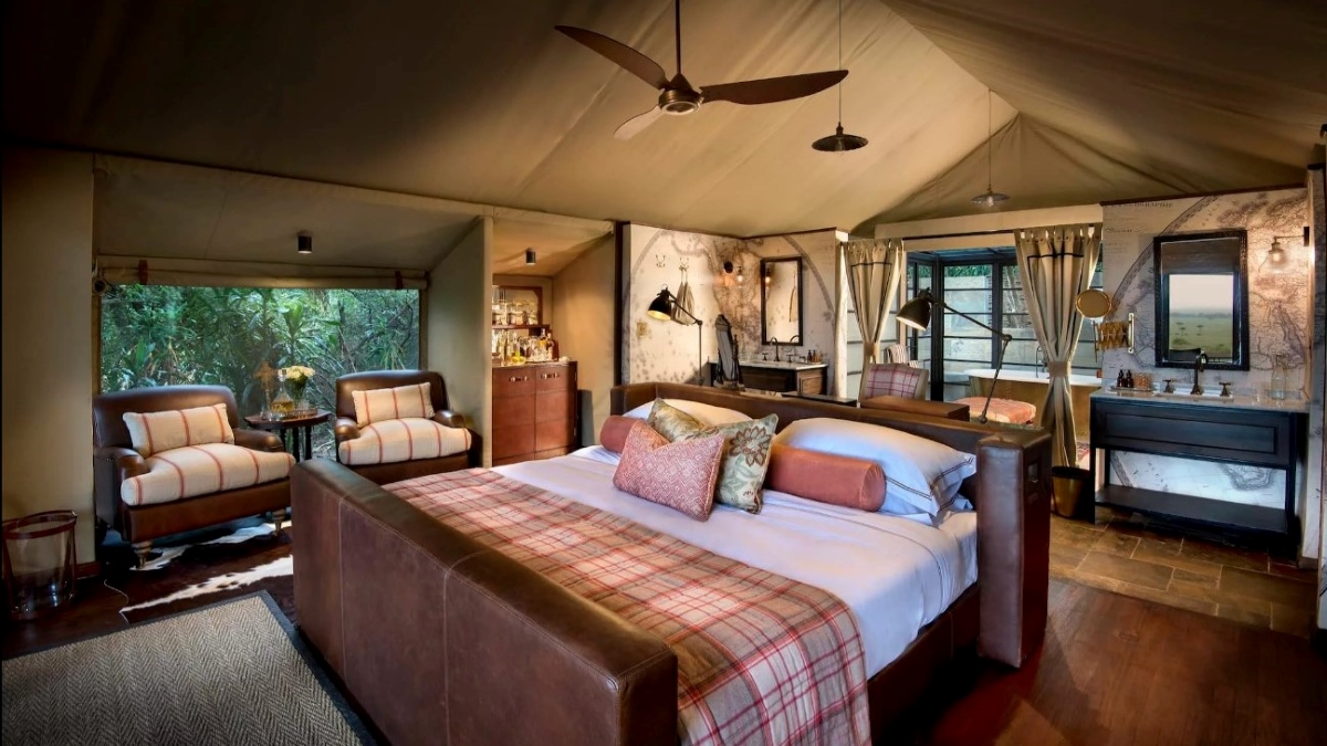 Elegant interior of safari suite embellished with decor indicative of old-world safari