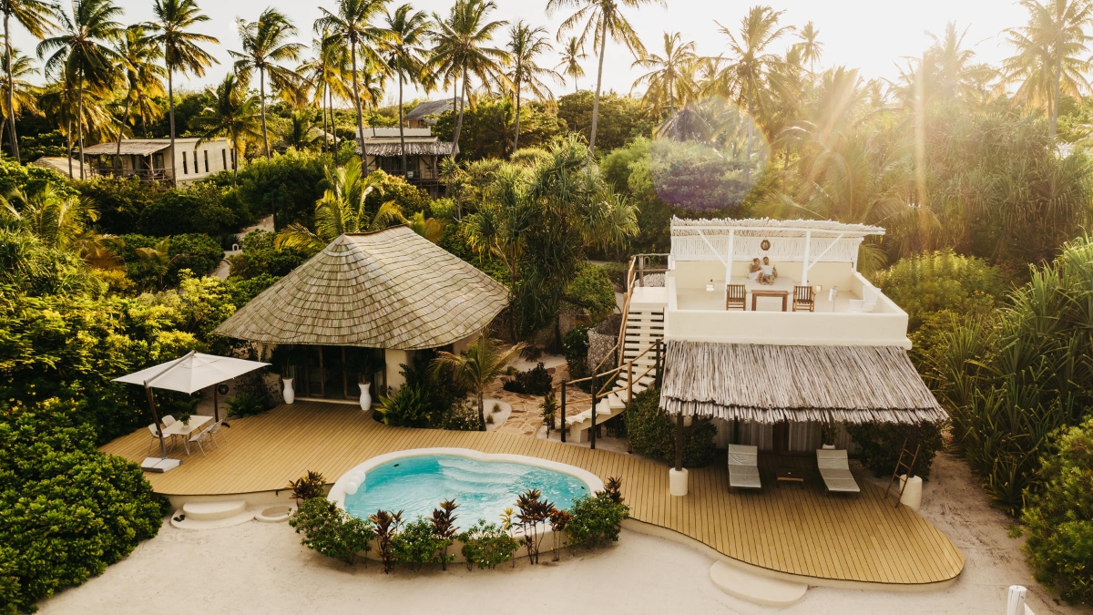 Aerial view of one of the villas and pool