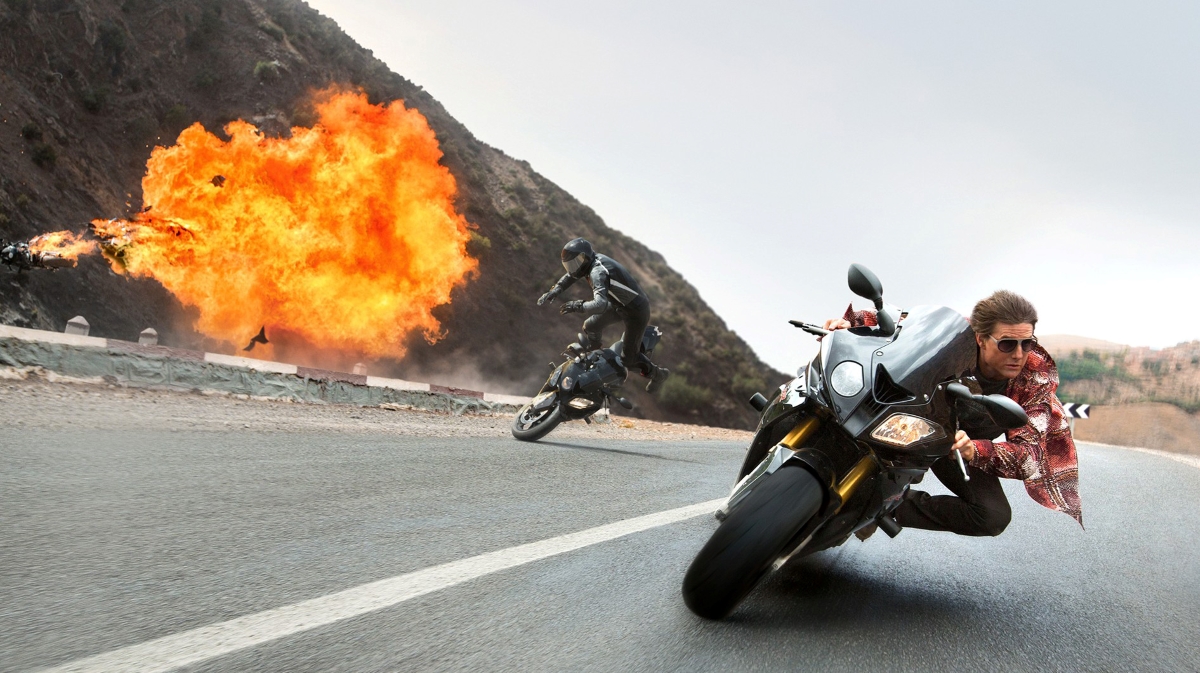 Motorcycle scene from a Mission Impossible movie