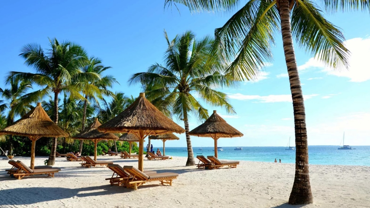 Pristine Zanzibar beach with thatch umbrellas and sun loungers